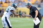 Aug 18, 2016; Pittsburgh, PA, USA;  Philadelphia Eagles cornerback Nolan Carroll (22) and head coach Doug Pederson (R) celebrate a defensive stop by Carroll against the Pittsburgh Steelers during the first quarter at Heinz Field.