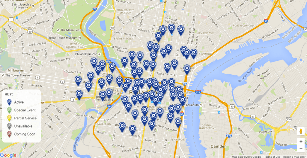 Currently active Indego Bike Share stations.