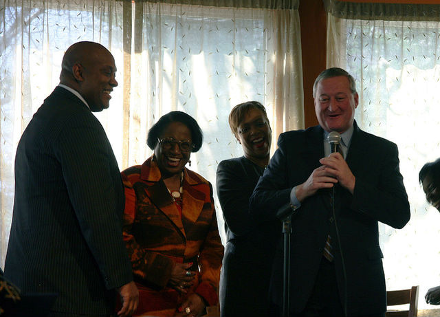 Dwight Evans, left, and Jim Kenney, with microphone.