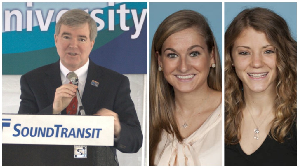 The NCAA, led by president Mark Emmert, is being sued by Penn track athletes Taylor Hennig (center) and Gillian Berger (right), whose lawsuit claim athletes deserve the same treatment as work-study students.