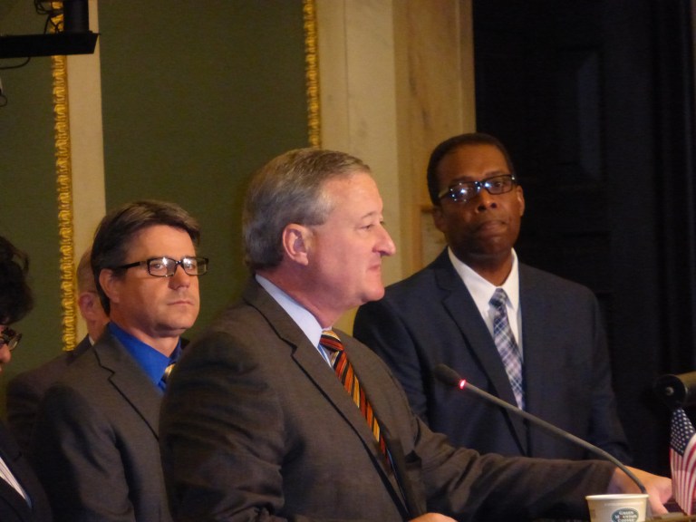 Mayor Jim Kenney with Councilman Bobby Henon, left, and Council President Darrell Clarke.