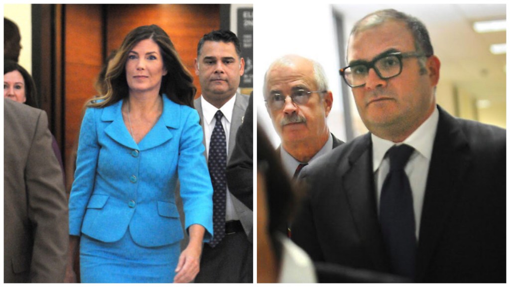 Left: Attorney General Kathleen Kane enters the courtroom for her criminal trial. Right: Her former political consultant Josh Morrow prepares to testify.
