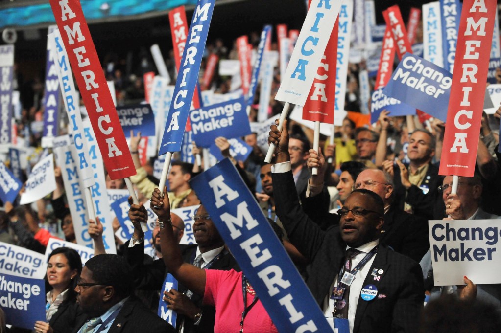 The Democratic National Convention crowd rallies for their nominee Hillary Clinton during the 2016 Democratic National Convention at Wells Fargo Arena.