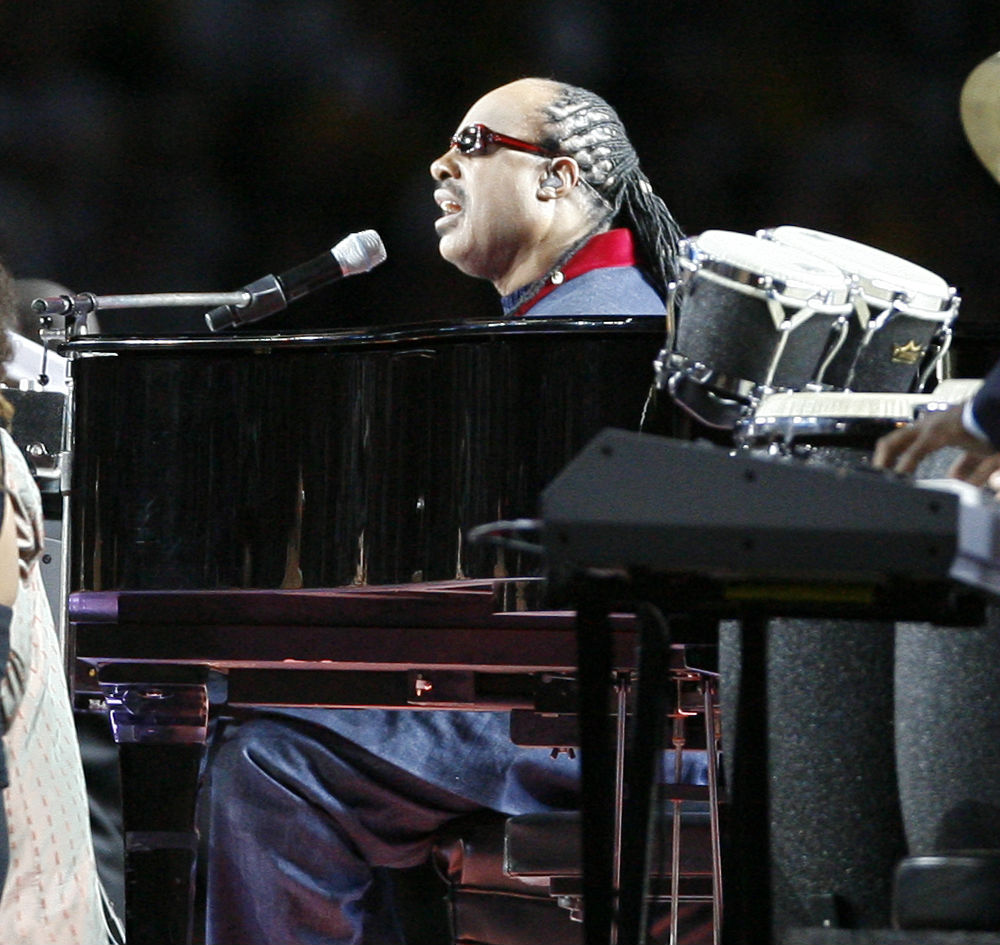Stevie Wonder on stage before the start of Super Bowl XL in 2006.