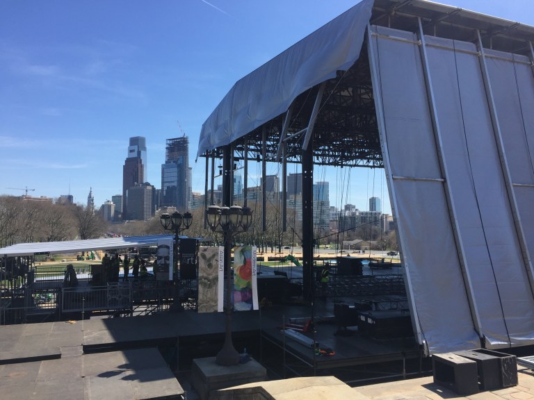 An NFL Draft stage set-up in front of the Art Museum.