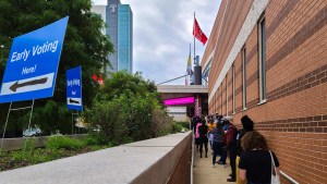Voters in line at the Liacouras Center satellite election office in late October