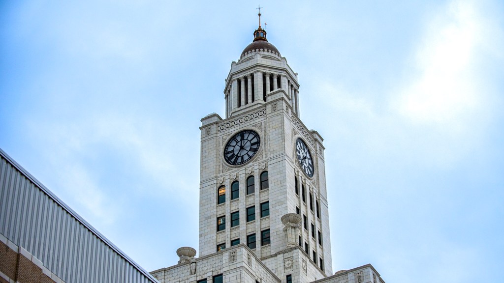 The modernized and restored 16-foot clock tower at the Philadelphia Public Services Building