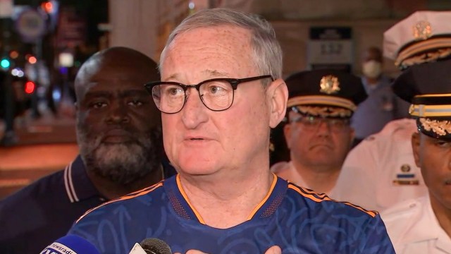 Mayor Jim Kenney speaks to the media shortly after midnight on the Fourth of July