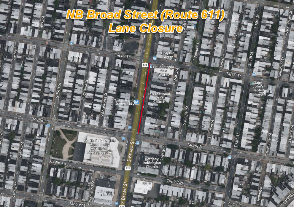 PennDOT's rendering of the northbound Broad Street Lane closure, Morris to Tasker