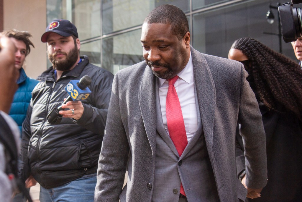 Philadelphia Councilmember Kenyatta Johnson leaving the federal courthouse in April after a jury could not come to a unanimous verdict, spurring a retrial